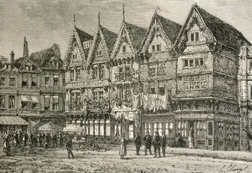 Vieilles maisons à Valenciennes, France, au 19ème siècle, de 